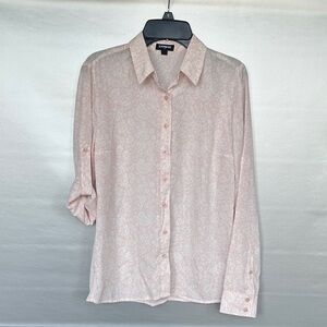 Express pink floral button-down shirt long roll-tab sleeve Sz XS Business Office